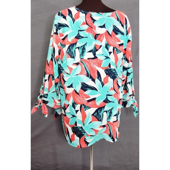 TALBOTS Sz L Red Green Black White Tropical Print 3/4 Sleeve Blouse Tunic Cruise - Picture 4 of 10